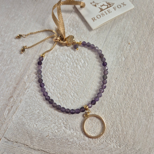 Gold & Amethyst Gemstone Circle Charm Bracelet