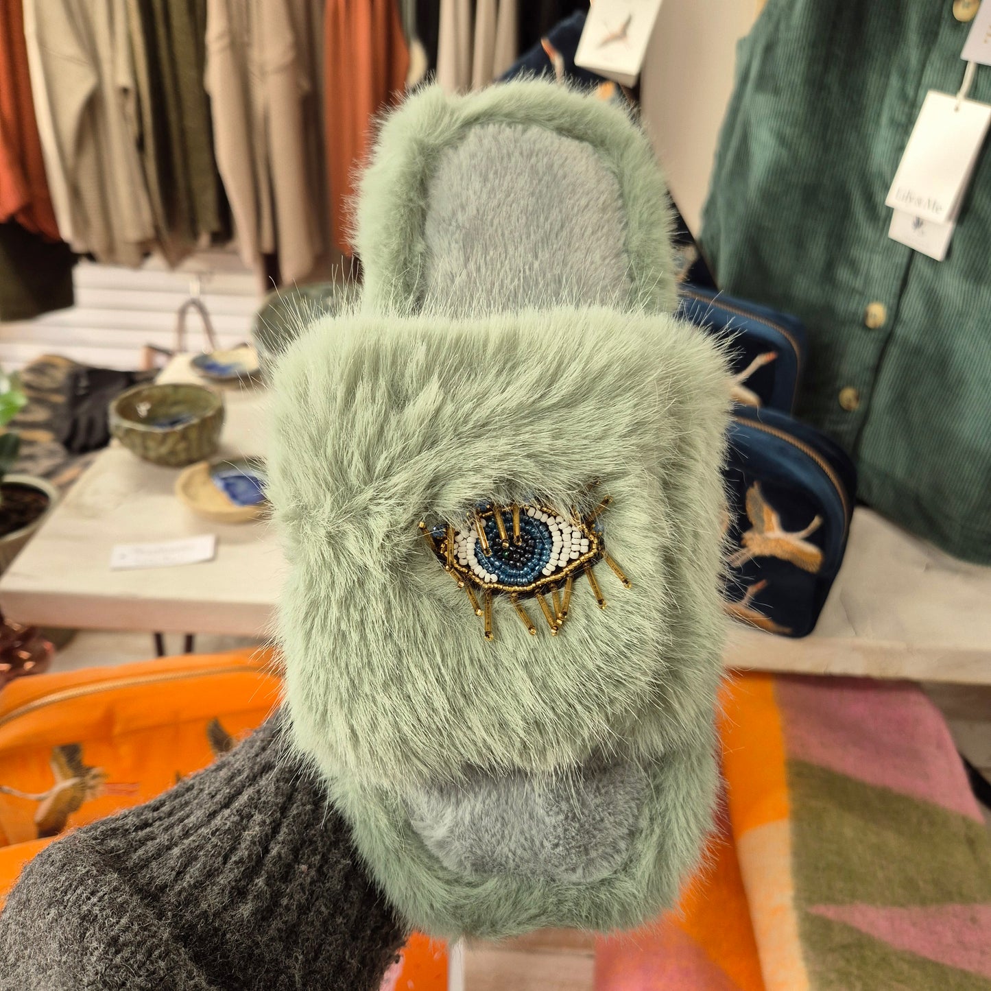 Evil Eye Fluffy Slippers in Seafoam