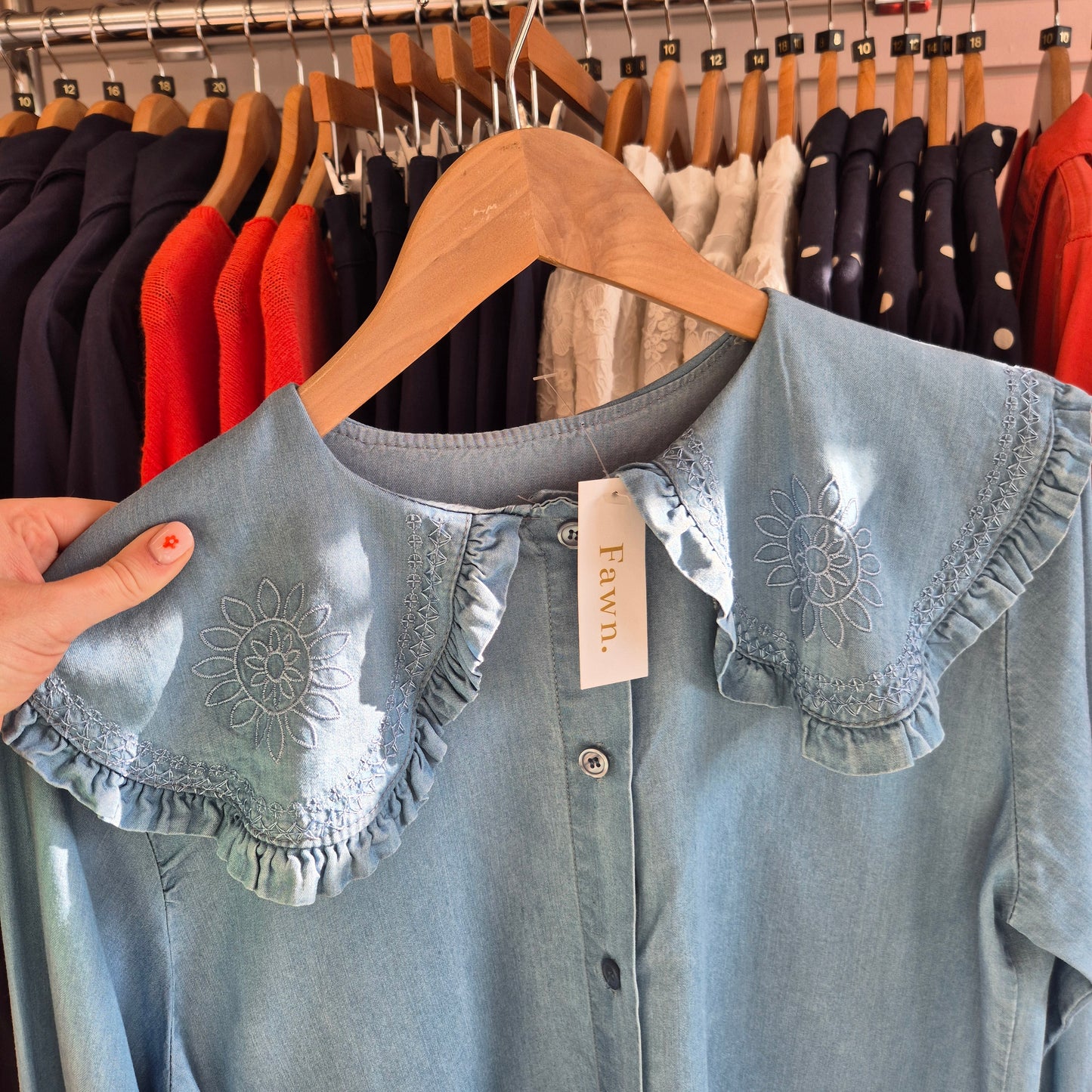 Aponi Collared Prairie Blouse in Chambray Blue