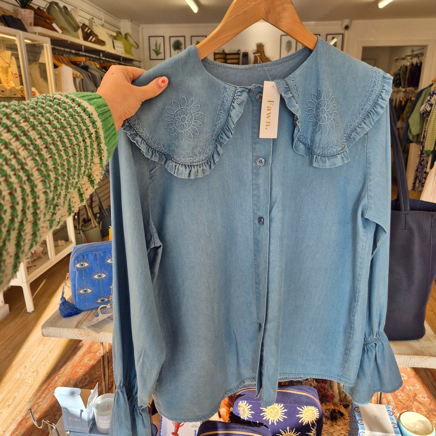 Aponi Collared Prairie Blouse in Chambray Blue