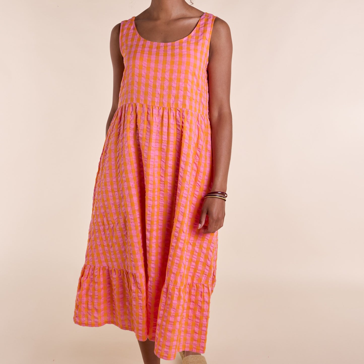 Nomads Tangerine Check Textured Midi Dress