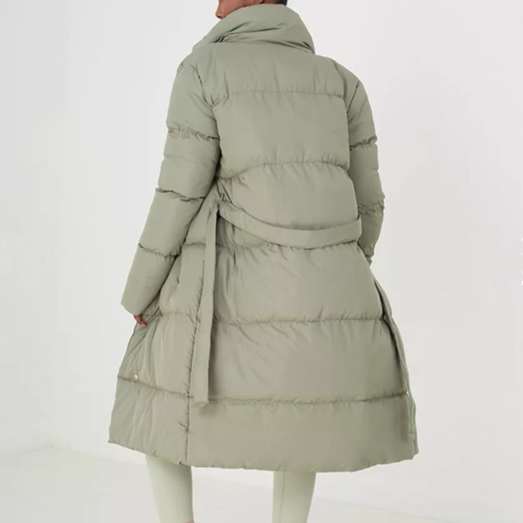 Belted Wrap Puffer Coat in Sage
