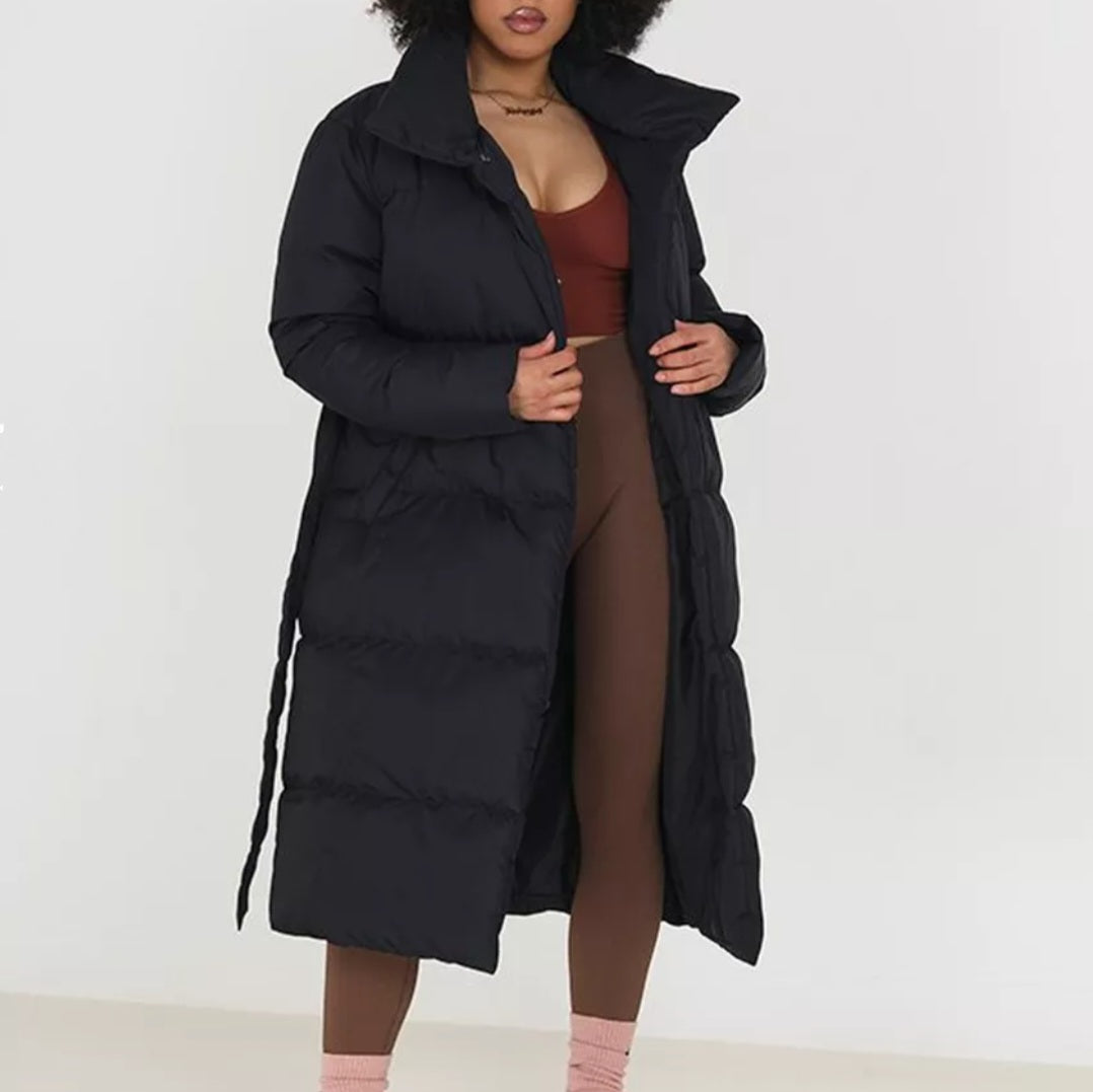 Belted Wrap Puffer Coat in Black
