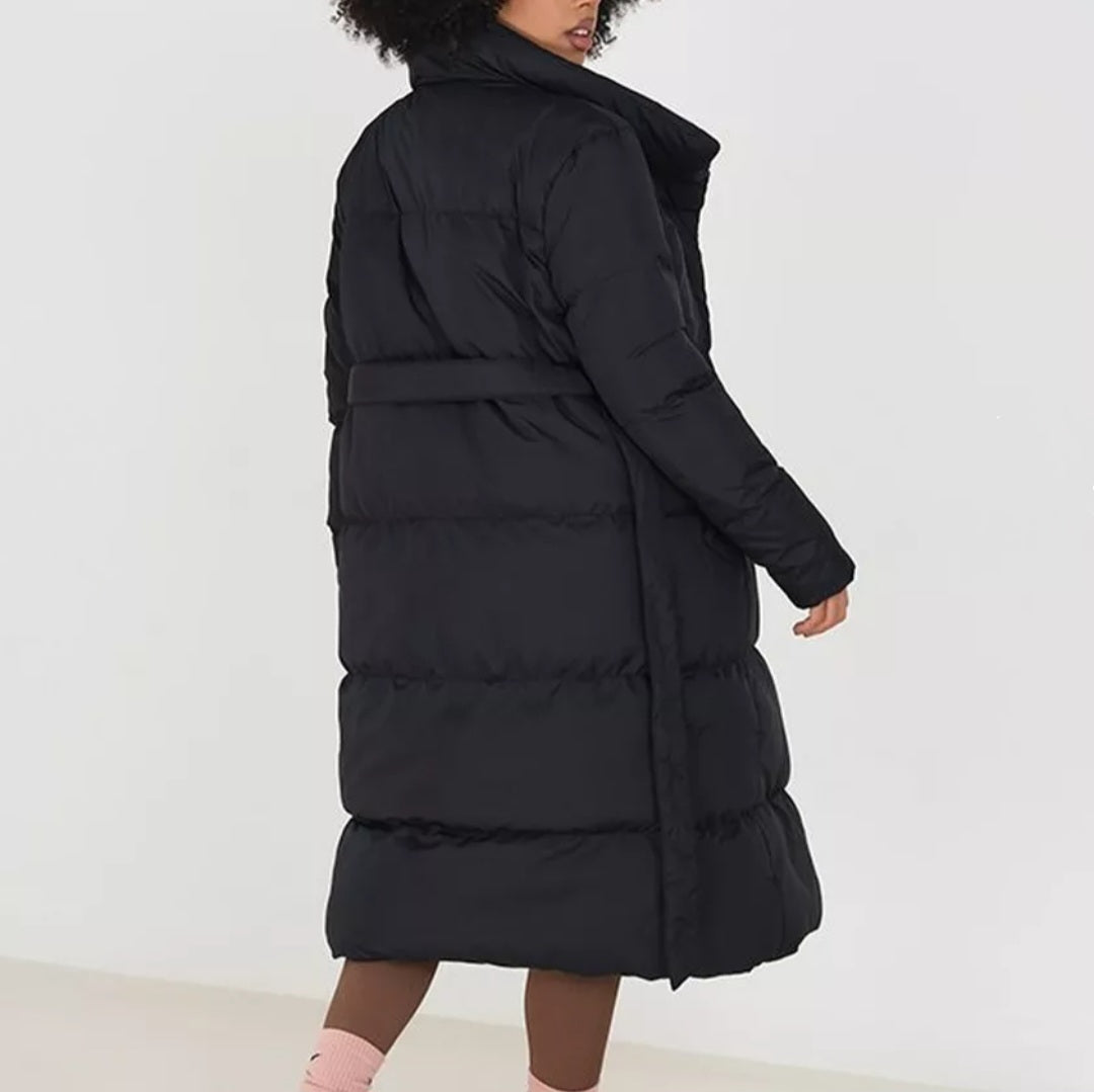 Belted Wrap Puffer Coat in Black