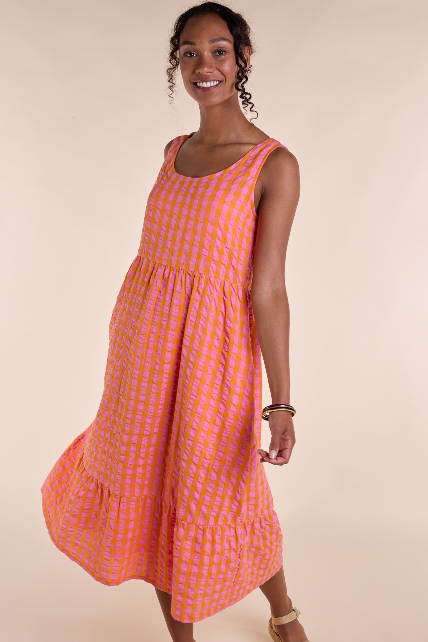 Nomads Tangerine Check Textured Midi Dress