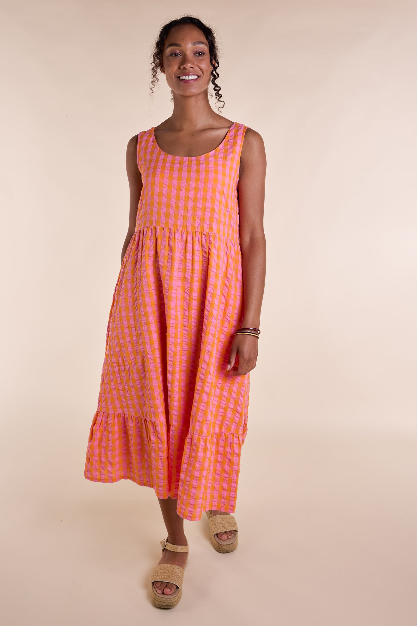 Nomads Tangerine Check Textured Midi Dress