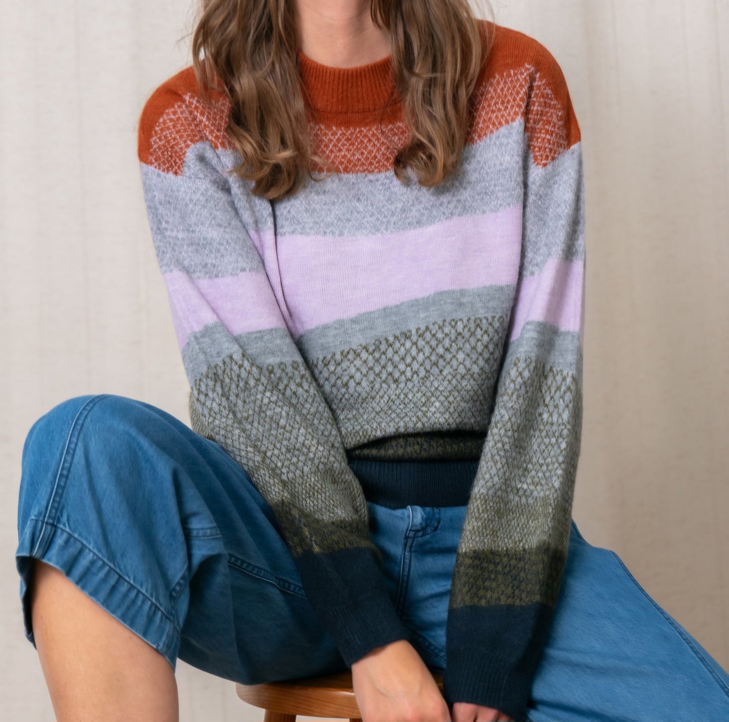 Lily & Me Art Colour Block Jumper in Olive