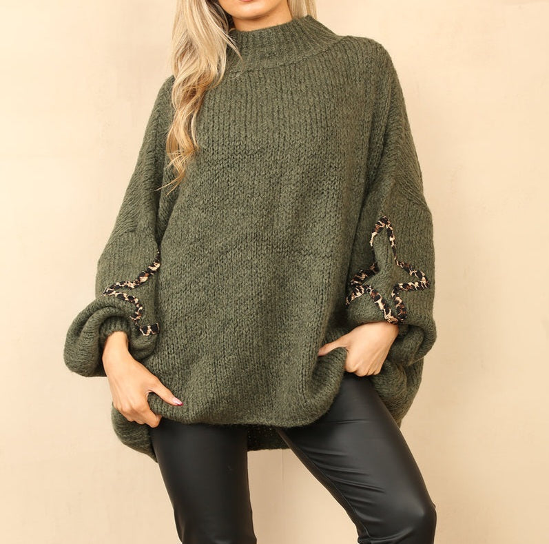 Balloon Star Sleeve Mohair Jumper in Khaki