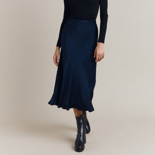 Navy Bias Cut Satin Skirt