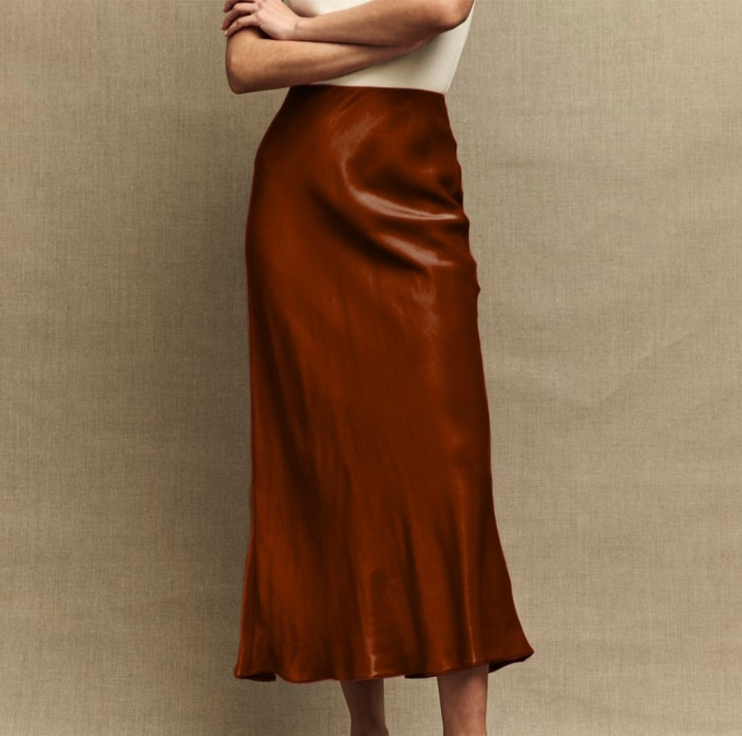 Rust Bias Cut Satin Skirt