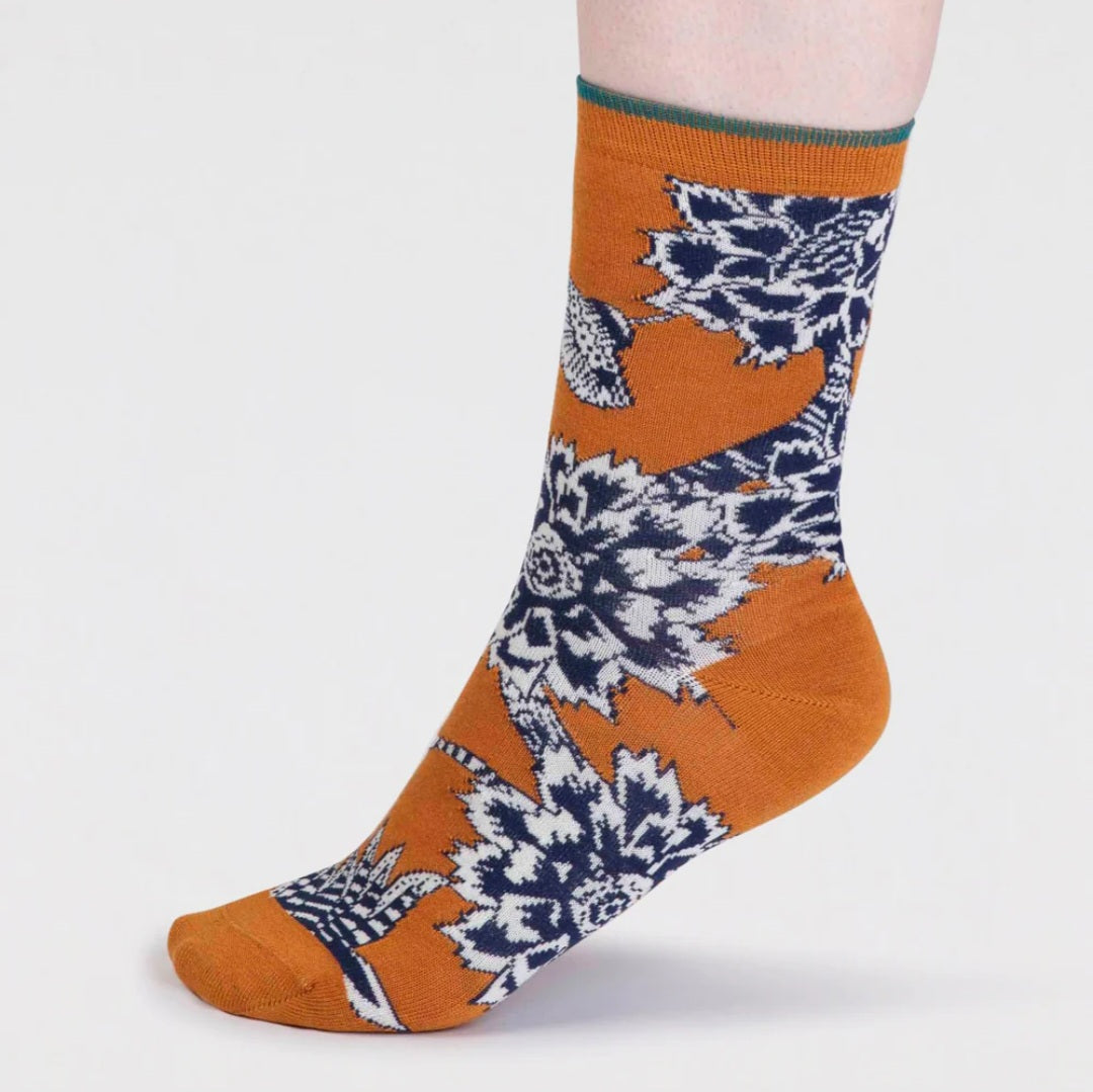Thought Freja Organic Cotton Floral Socks in Ochre