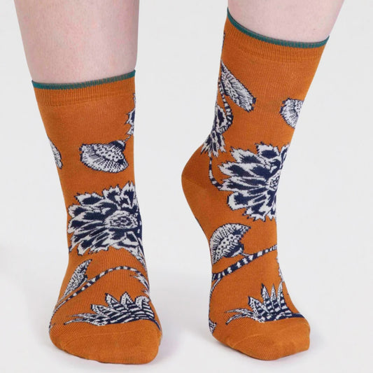 Thought Freja Organic Cotton Floral Socks in Ochre