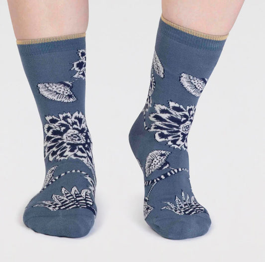Thought Freja Organic Cotton Floral Socks in Blue