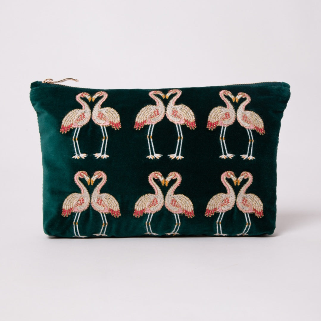 Kissing Flamingo Everyday Pouch in Emerald