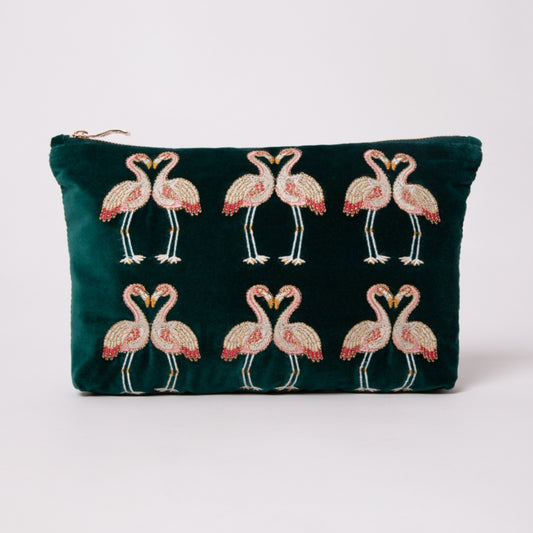 Kissing Flamingo Everyday Pouch in Emerald