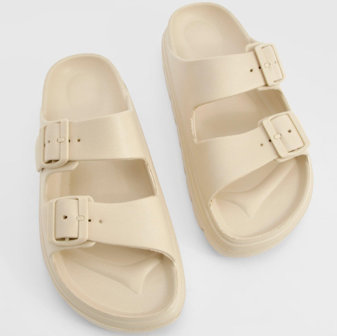 Eli Double Buckle Slides in Nude