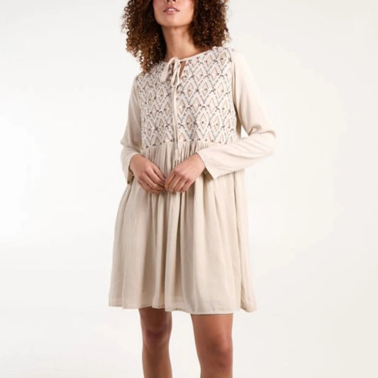 Embroidered Tunic Dress in Stone