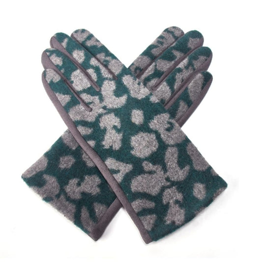 Leopard Print Gloves in Grey & Green