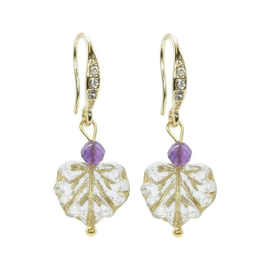 Gold & Amethyst Gemstone Maple Leaf Earrings