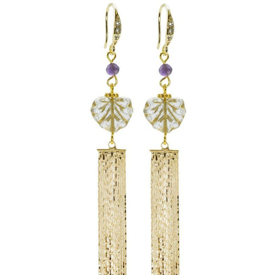 Gold & Amethyst Gemstone Maple Leaf Tassel Earrings