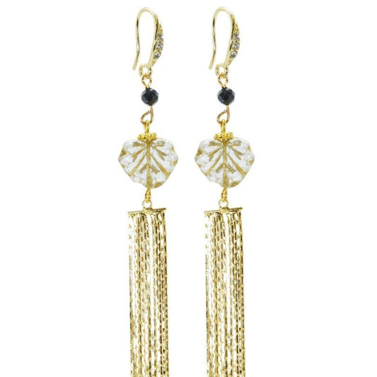 Gold & Navy Starstone Gemstone Maple Leaf Tassel Earrings