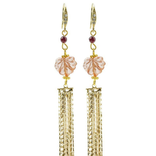 Gold & Garnet Gemstone Maple Leaf Tassel Earrings