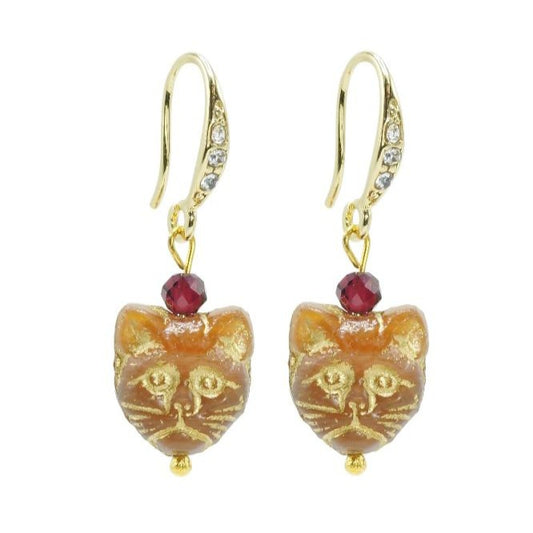 Gold & Garnet Gemstone Cat Earrings