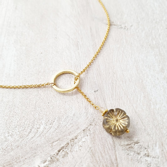 Gold Quartz Pansy Lariat Necklace