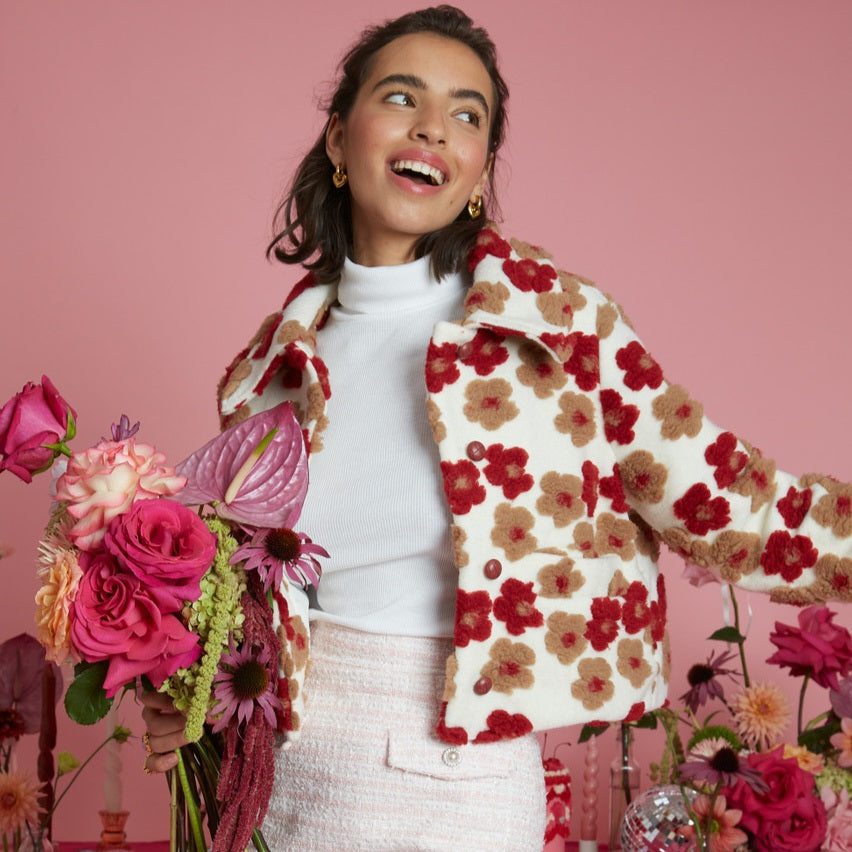 Neon Rose Cropped Applique Floral Boxy Jacket