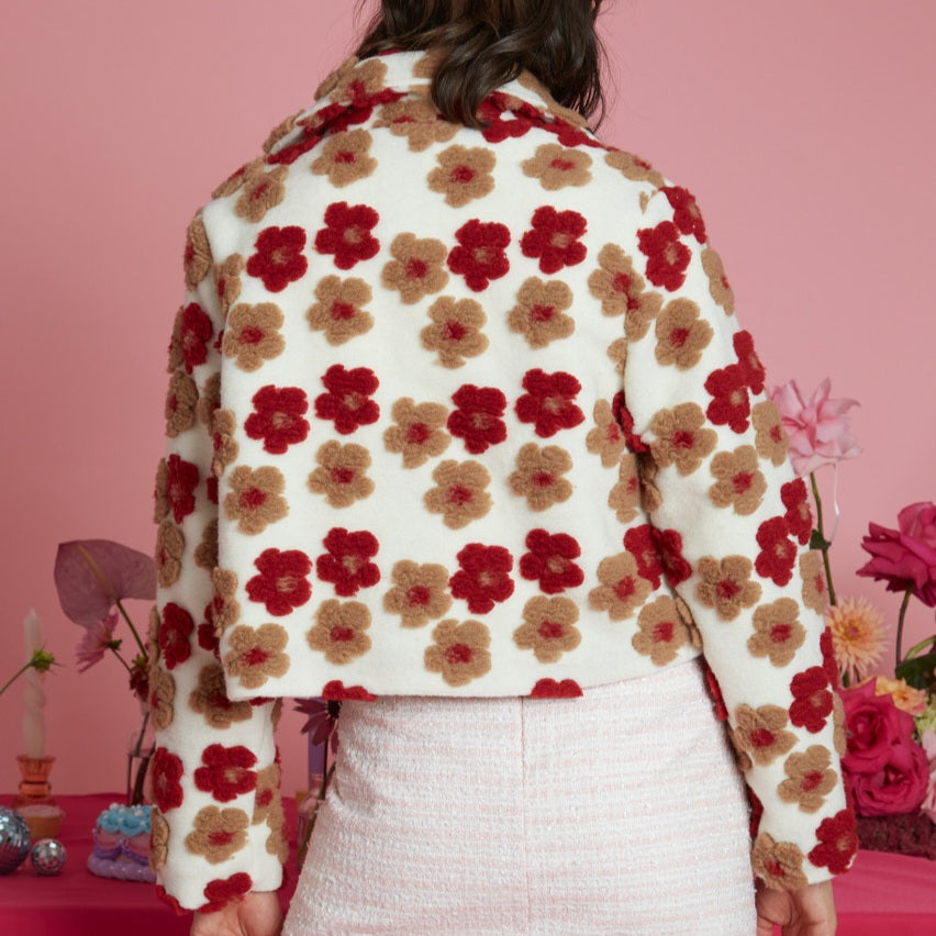 Neon Rose Cropped Applique Floral Boxy Jacket