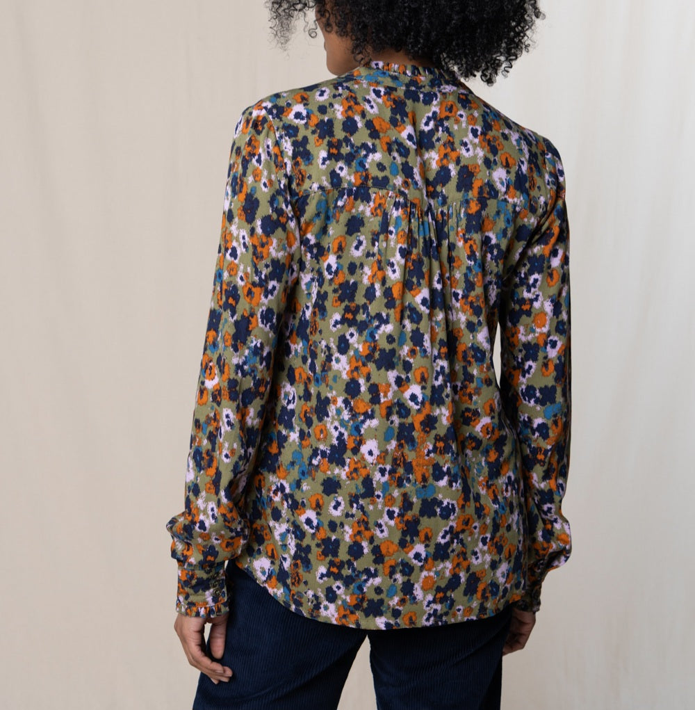 Lily & Me Rita Frill Shirt Floral Ikat Olive