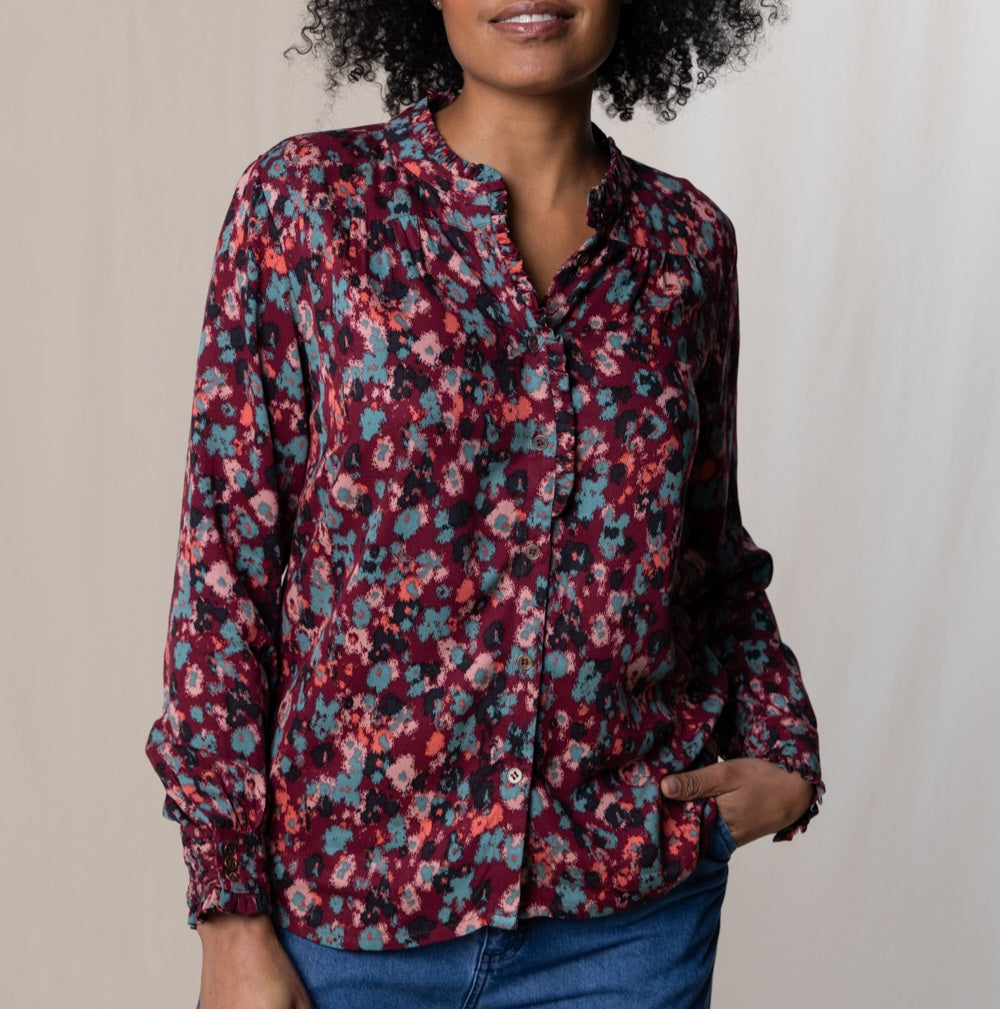 Lily & Me Rita Frill Shirt Floral Ikat Mulberry