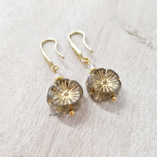 Gold Quartz Gemstone Pansy Earrings