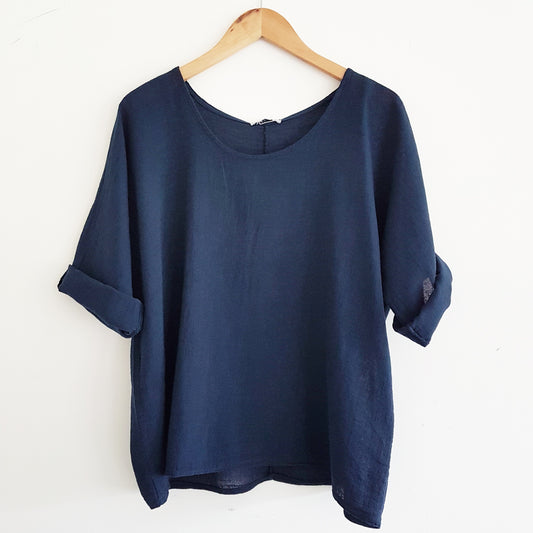 Cropped Linen Top in Navy