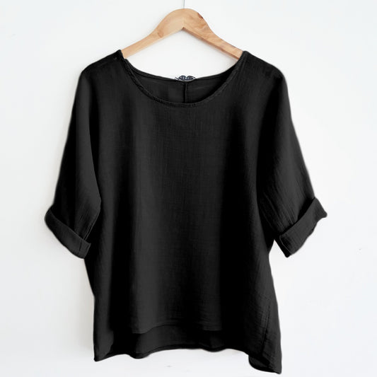 Cropped Linen Top in Black