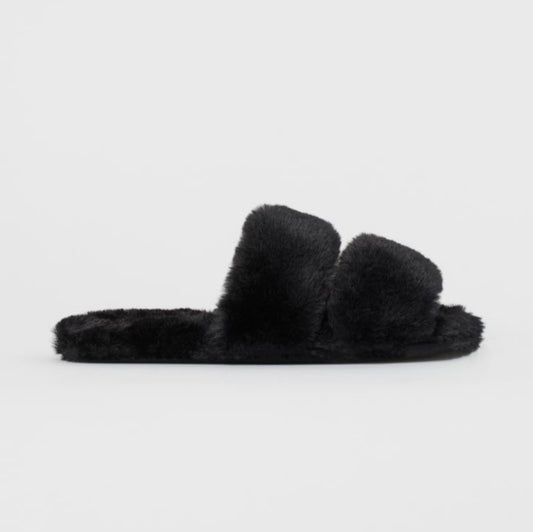 Fluffy Twin Strap Slippers Black