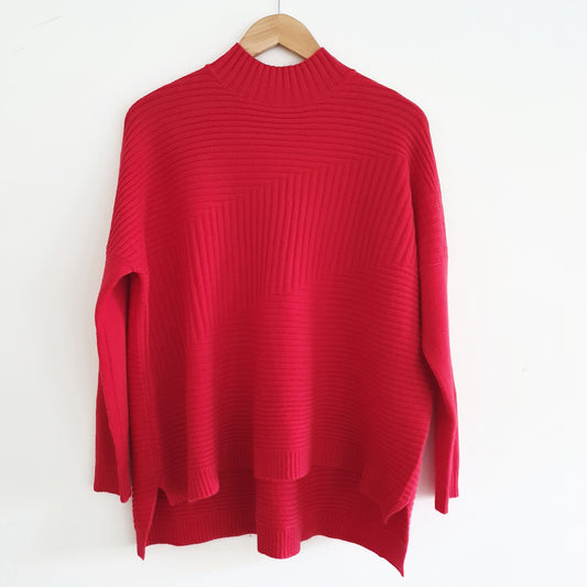 Ribbed Funnel Neck Jumper in Red